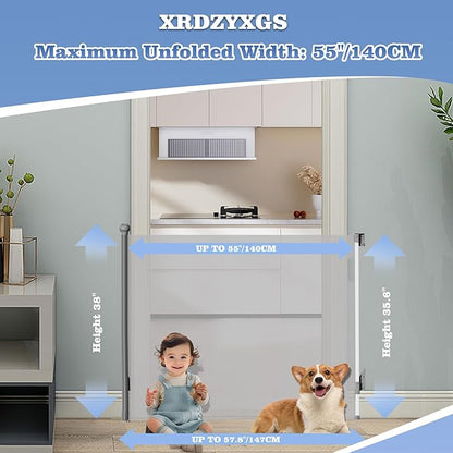 Retractable Baby Gate for Stairs Doorways - Extra Wide 55" No-Drill Pressure Mount OR Screw Mount, Space Saving Mesh Gate with No Bottom Bar Trip Hazard, for Indoor Outdoor Use with Kids, Dogs & Cats