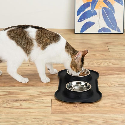 Conlun Dog Bowls with Silicone Feeding Mat, No Spill Food Water Dish Set, Dishwasher Safe, 2 Stainless Steel Puppy Bowls, Suitable for Tiny Dogs Kittens Cats Rabbits Pets under 8lbs, Extra Small,Black