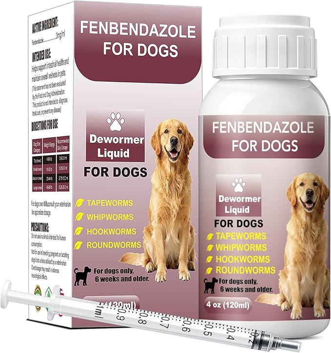 Dewormer for Dogs, Fenbendazole Liquid, Broad-Spectrum Wormer for Tapeworms, Roundworms, Hookworms & Whipworms, Easy-to-Use for All Breeds, 4 oz