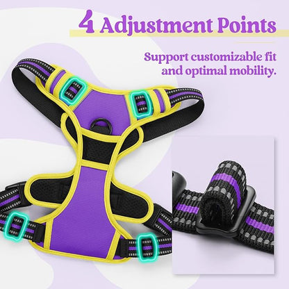 rabbitgoo Dog Harness No Pull with 2 Leash Clips, Adjustable Soft Padded, Reflective Oxford No Choke Pet Vest with Easy Control Handle for Medium Sized Dogs, Purple & Yellow, M