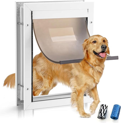 Durable Aluminum Doggy Door - Large, White, Easy to Install for Large Dogs & Pets (Adjustable Thickness, L)