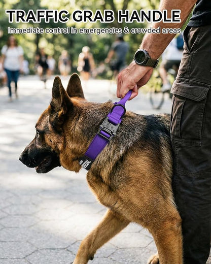 Joytale Tactical Dog Collar with Handle and Metal Buckle, Heavy Duty Padded Military Collar with 2 Patches for Training, Adjustable for Medium Dogs, Purple, M