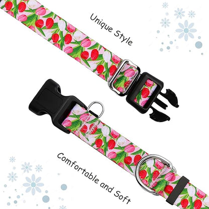 Martingale Collar for Dogs with Buckle Floral No Pull Adjustable Nylon Limited Slip Training Dog Collars Pink Tulip, Large