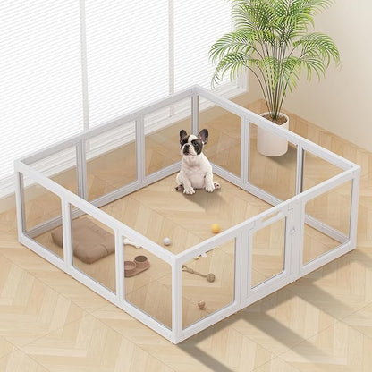 Clear Acrylic Dog Playpen Indoor, Puppy Cat Small Pet Play Pen, Pet Cat Playpen for Rabbits, Dog Fence Crate Kennel Whelping Cage (Grey, 12 Panel)