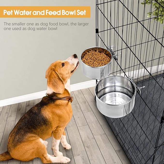 3 Pcs Large Pet Dog Food Water Bowl for Cage Stainless Steel Kennel Hanging Cats Pets Bowls with Clamp Holder Crate Feeder Dish for Medium Large Dogs (7.1x3.5'' & 6.3x2.6'' & 5.5x3.1'')