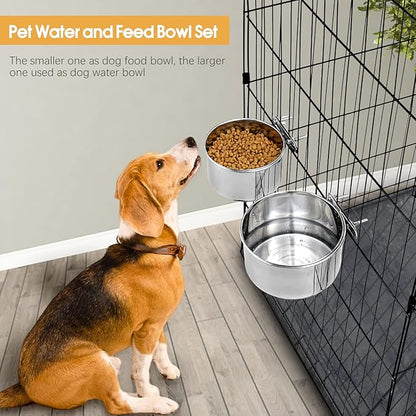 3 Pcs Large Pet Dog Food Water Bowl for Cage Stainless Steel Kennel Hanging Cats Pets Bowls with Clamp Holder Crate Feeder Dish for Medium Large Dogs (7.1x3.5'' & 6.3x2.6'' & 5.5x3.1'')
