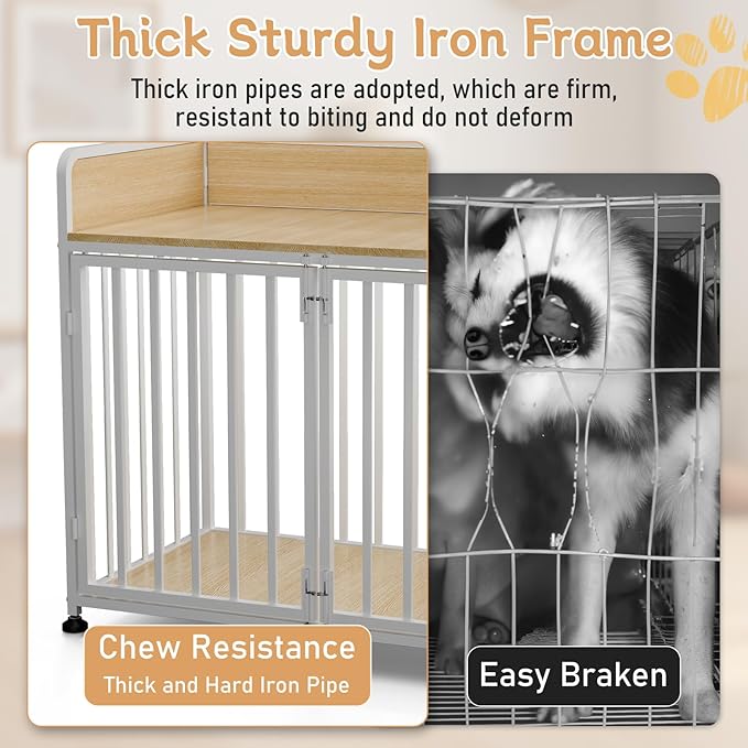 42 in Dog Crate Furniture, Medium Dog Kennel Indoor with 2 Bowls, Wooden Dog Cage Table Decorative for Small Medium Dog, 42" L X 24" W X 36" H