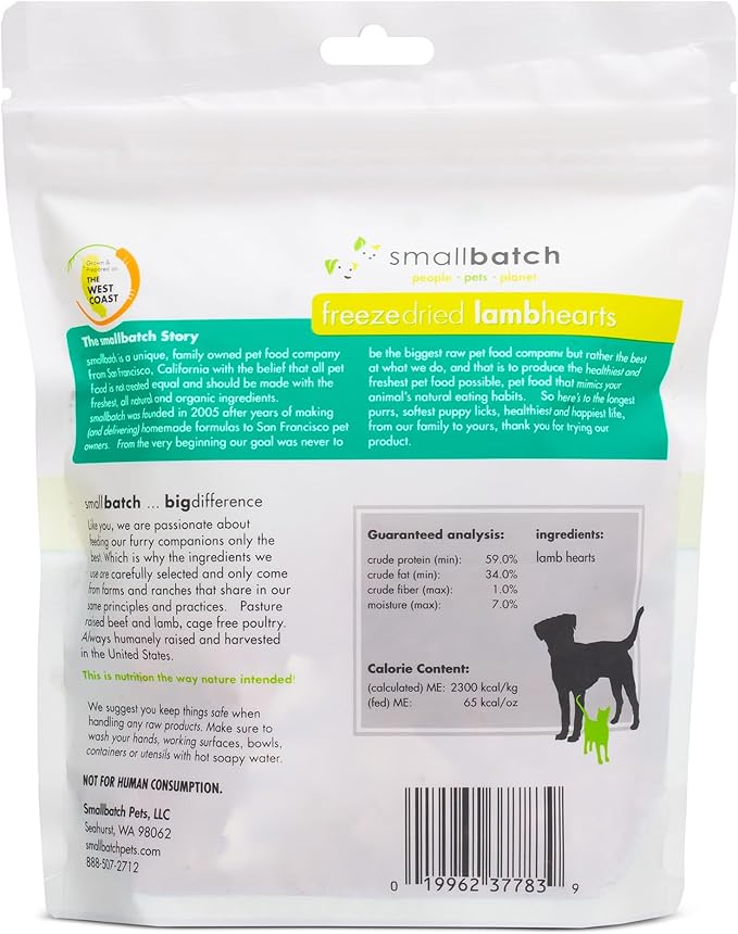smallbatch Pets Premium Freeze-Dried Lamb Heart Treats for Dogs and Cats, 3.5 oz, Made and Sourced in The USA, Single Ingredient, Humanely Raised Meat, No Preservatives or Anything Artificial Ever