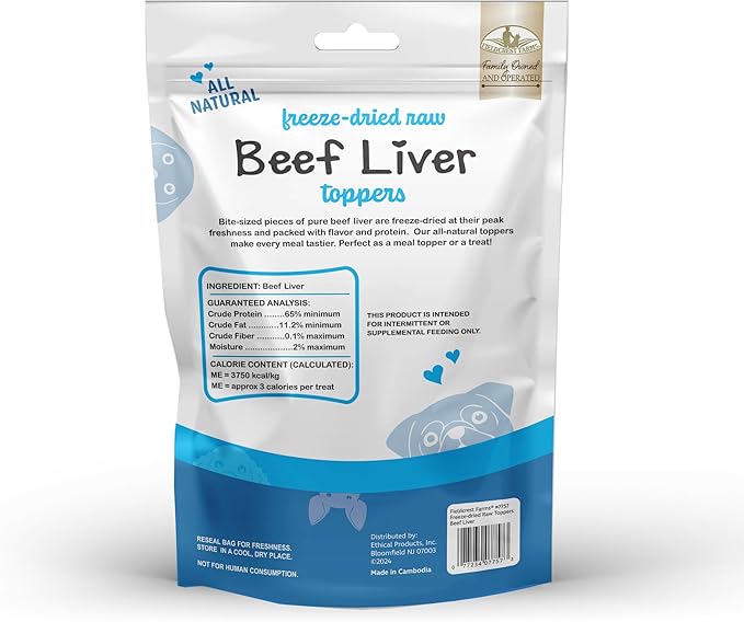 Fieldcrest Farms Freeze-Dried Beef Liver Dog Food Topper or Treat, 100% Single Ingredient Beef Liver, High-Protein, Raw & Grain-Free, 12 oz
