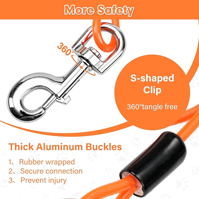 Chew Proof Dog Leash Extender, 24'' Wire Rope Extension for Small, Medium, Large Dogs, Walking, Training Puppies, Dual 2-Dog Leash, Metal Cable Lead for Collar & Harness