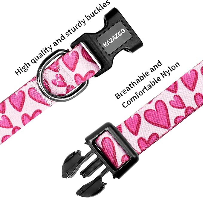 Kazazoo Dog Collar Cute and Soft Nylon Puppy Collar Girl, Adjustable Dog Collars for Small Medium Dogs, Hot Pink Heart-XS