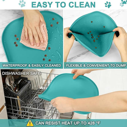 SMILOOL Small Silicone Pet Food Mat with Raised Edge for Food and Water Bowl, Square Dog Feeding Mats, Cat Food Trays for Floor Waterproof, Rubber Tray for Dogs and Cats, 12 x 12 x 0.7 Dark Turquoise