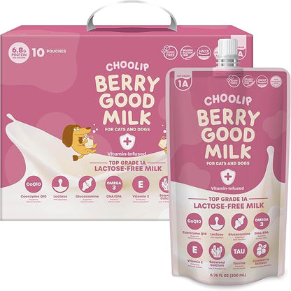 Choolip Berry Good Milk for Cats & Dogs – 10-Pack Lactose-Free Pet Milk, 200ml Pouches – Vet-Formulated Hydrating Drink with Cranberry, CoQ10, Glucosamine & Omega-3