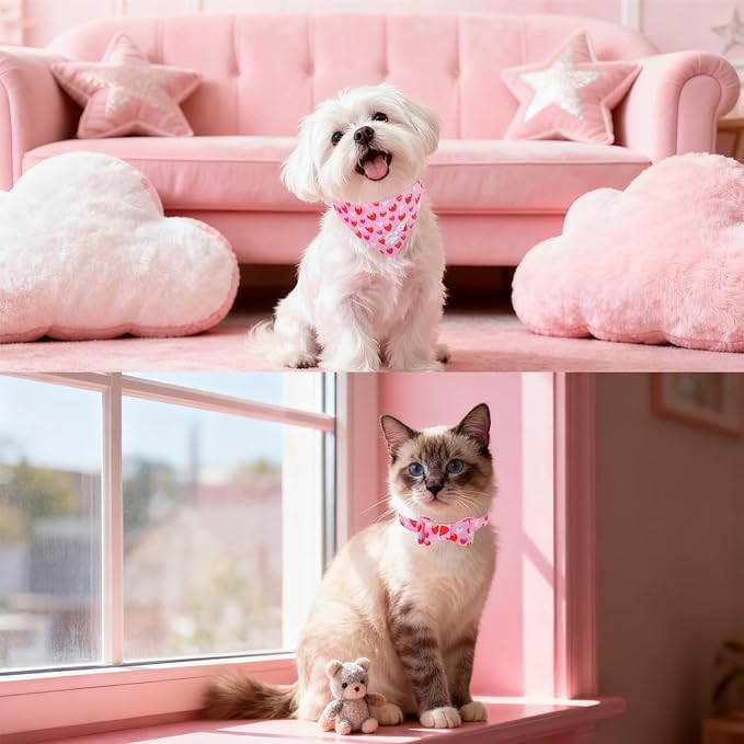 EXPAWLORER Small Collar and Leash Set - Embroidery Pawprints with Bow Tie and Bandana Collar with Bell, Soft Tangle Free Leash for Dogs Cats Outdoor Walking, Holiday Ideal Gift Pink Strawberry S