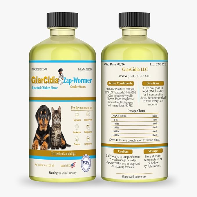 No More Worms in Cats and Dogs- Dewormer for Cats and Dewormer for Dogs - Chicken and Milk Flavours 120 mL / 4 oz Glass Bottle – Includes 3 mL Dropper with Cap (Chicken Flavor)