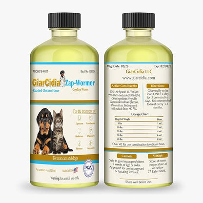 No More Worms in Cats and Dogs- Dewormer for Cats and Dewormer for Dogs - Chicken and Milk Flavours 120 mL / 4 oz Glass Bottle – Includes 3 mL Dropper with Cap (Chicken Flavor)