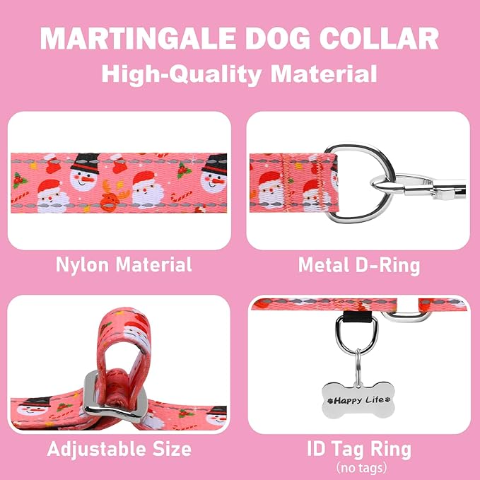 Reflective Christmas Martingale Collar for Dogs Nylon Training Collar with No Buckle No Pull Dog Collar for Large Dogs（Pink Snowman，L）