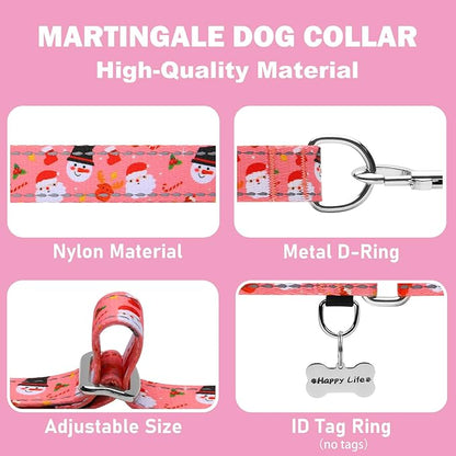 Reflective Christmas Martingale Collar for Dogs Nylon Training Collar with No Buckle No Pull Dog Collar for Large Dogs（Pink Snowman，L）