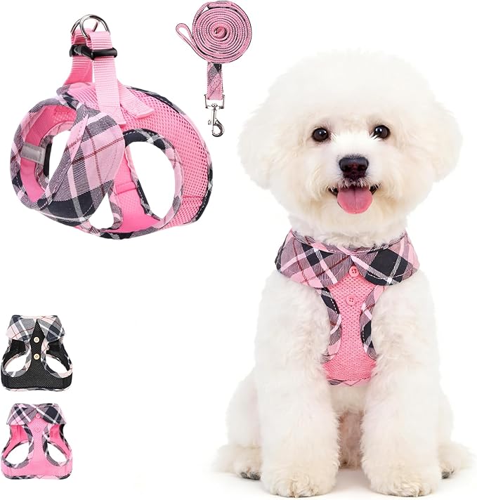 KOOLTAIL Small Dog Harness and Leash Set, Cute Pink Girl Puppy Harness, Step in No Pull Soft Mesh Pet Vest Harness Collar for Small Size Dogs Cats, Plaid Dog Halters for Outdoor Walking, Pink S