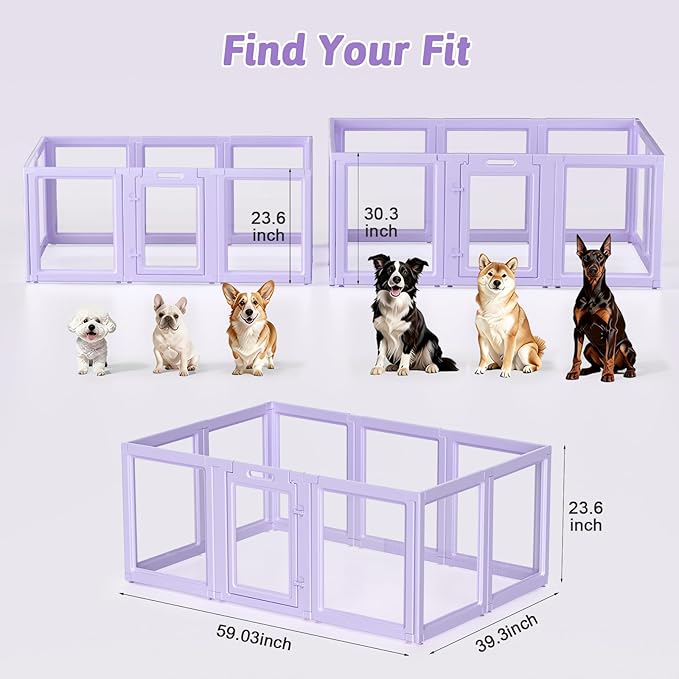 DIY Clear Acrylic Dog Playpen House,Quick Easy Assembly and Disassembly,Strong Floor Suction,Indoor and Outdoor Use,Easy Cleansing Puppy Fence (Purple, 23.6" H, 10PCS)