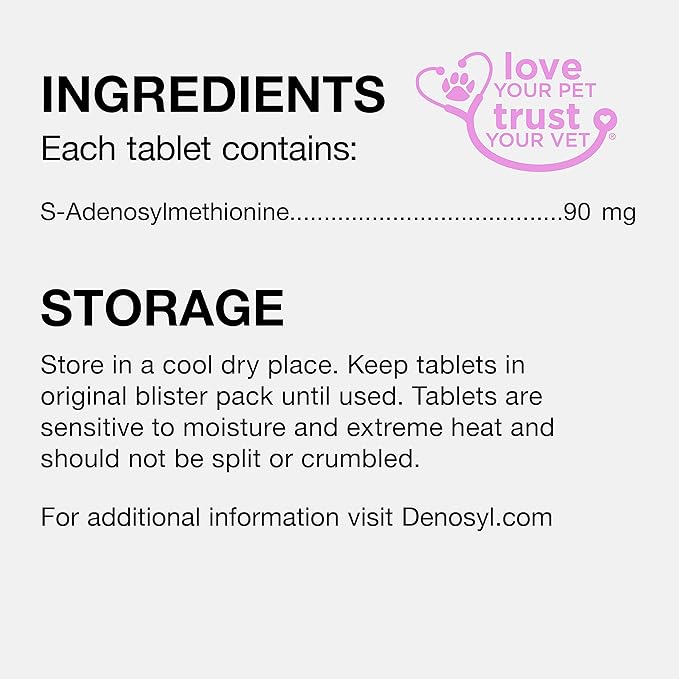 Nutramax Laboratories Denosyl for Dogs and Cats, Liver Health Supplement for Cats and Small Dogs, with S-adenosylmethionine (SAMe), Stabilized Tablets, 30 Count