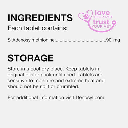 Nutramax Laboratories Denosyl for Dogs and Cats, Liver Health Supplement for Cats and Small Dogs, with S-adenosylmethionine (SAMe), Stabilized Tablets, 30 Count