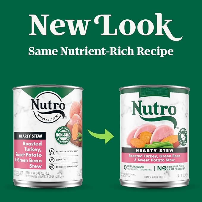 Nutro Hearty Stew Canned Wet Dog Food, Natural Grain Free Dog Food Wet Cuts in Gravy Roasted Turkey with Green Bean & Sweet Potato Stew, 12.5 oz. Cans (12 Count, Pack of 2)