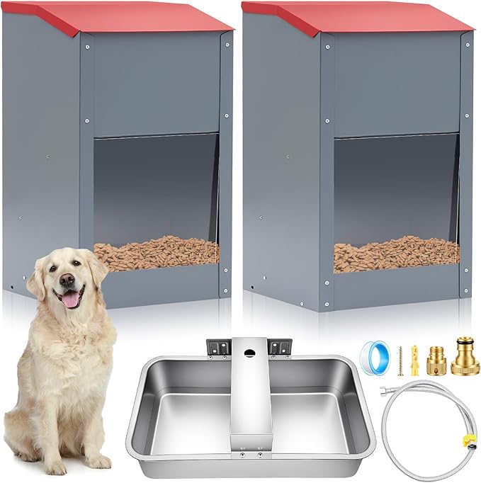 Willinglong 2 Pcs Automatic Dog Feeders for 2 Dogs and 1 Water Dispenser 25 Pound Large Breed Gravity Food Feeder Dispenser 2.2 Gallon Automatic Pet Waterer for Large Breed Cats Pets Livestock Chicken