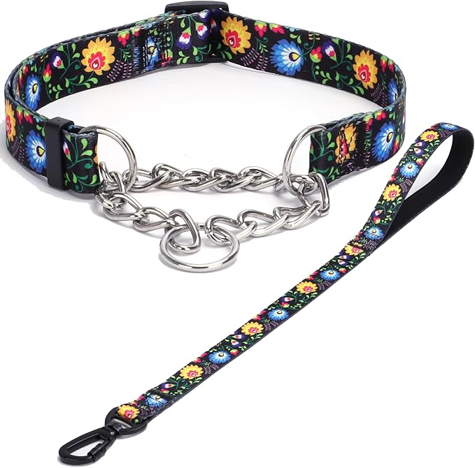 Martingale Dog Collar with Stainless Steel Chain - Limited Chain Cinch Training Collar for No Pull Training Dog - Flower Multicolor Cute Patterns - Premium No Slip Collar (M, Black Set)