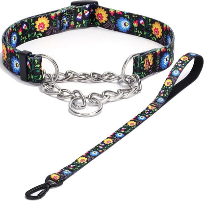 Martingale Dog Collar with Stainless Steel Chain - Limited Chain Cinch Training Collar for No Pull Training Dog - Flower Multicolor Cute Patterns - Premium No Slip Collar (M, Black Set)