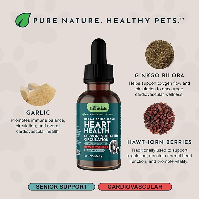 Animal Essentials Heart Health for Dogs & Cats - Cardiovascular Support Supplement, Healthy Heart, Organic Hawthorn Berry, Herbal Tincture - 2 Fl Oz