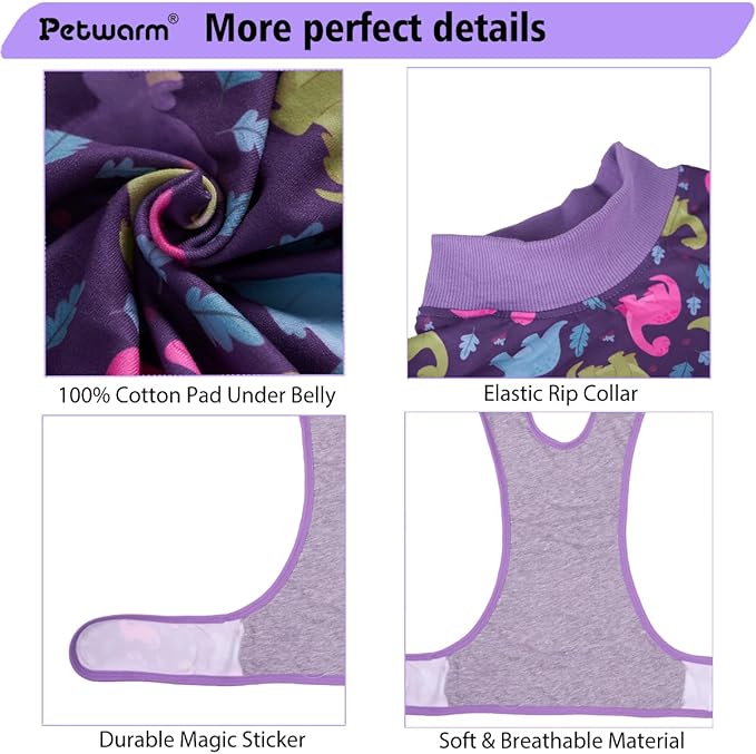PetWarm Dog Post Surgery Suit Female Spay, Pet Recovery Suit for Dogs, Onesies for Dogs, Substitute E-Collar and Cone, Anti-Licking Dog Onesie for Surgery Female, Dinosaur Pattern, Purple, XS