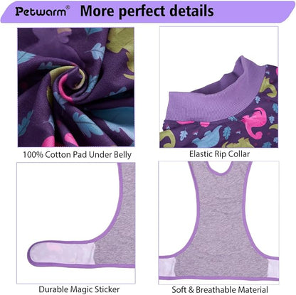 PetWarm Male Dog Surgical Suit After Neuter, Dog Coat's Inner Clothes, Substitute E-Collar and Cone, Dog Onesies Pet Surgery Recovery Suit for Dogs, Dinosaur Pattern, Purple, S