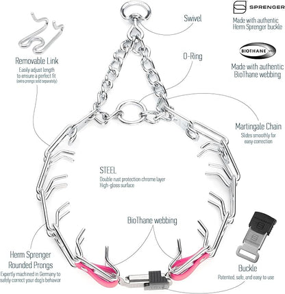 Herm Sprenger Chrome Plated Steel Dog Collar with Quick Release ClicLock Buckle and Biothane Insert Training Collar for Dogs Made in Germany (Passionfruit Pink, 25in x 4.0mm(Neck Size up to21-22in))