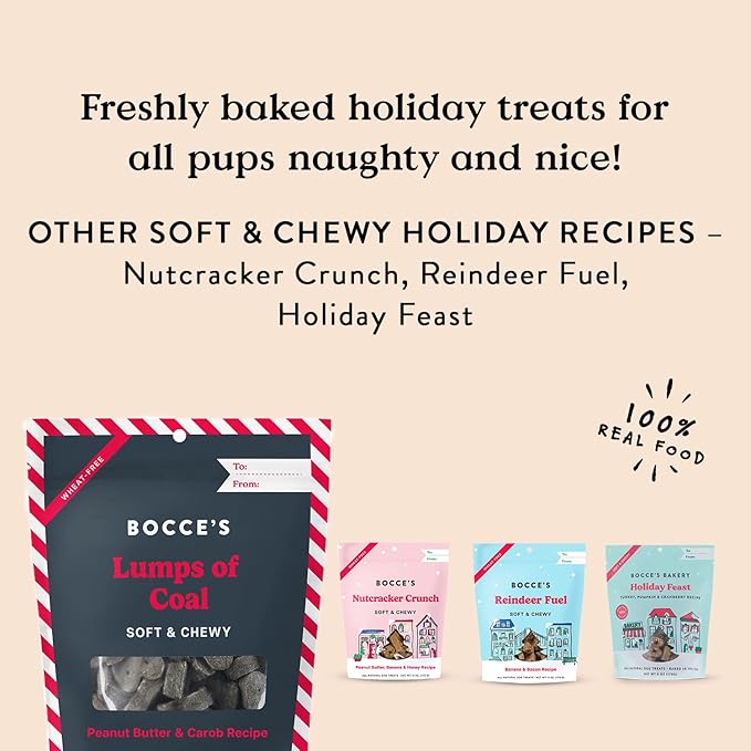 Bocce's Bakery Lumps of Coal Recipe Treats for Dogs, Wheat-Free Everyday Dog Treats, Made with Real Ingredients, Baked in The USA, All-Natural Soft & Chewy Cookies, Peanut Butter & Molasses, 6 oz