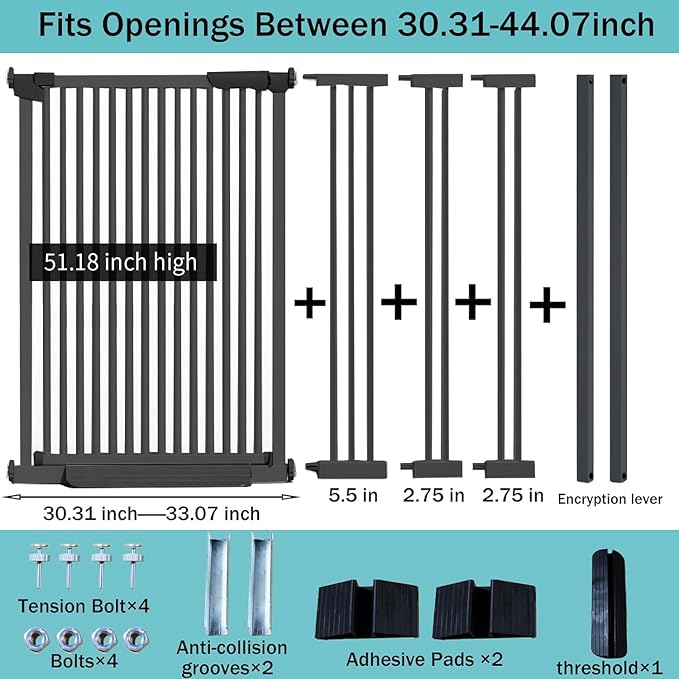 SHYUJAJIE 51.18 Inch Extra Tall Pet Gate, 29.5-43" Adjustable Wide Auto Close Dog Gates, Pressure Mounted Walk Through Tall Cat Gate for Doorways,Hallway,Stairs（Black）