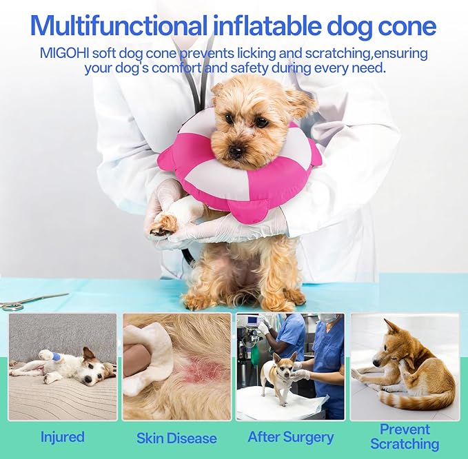 MIGOHI Soft Dog Pillow Donut Collar - Inflatable Alternative to Plastic Cone After Surgery,Adjustable Recovery E-Collar for Medium Dogs, Prevents Licking, Post-Surgical Spay Care(Large, Rosepink)