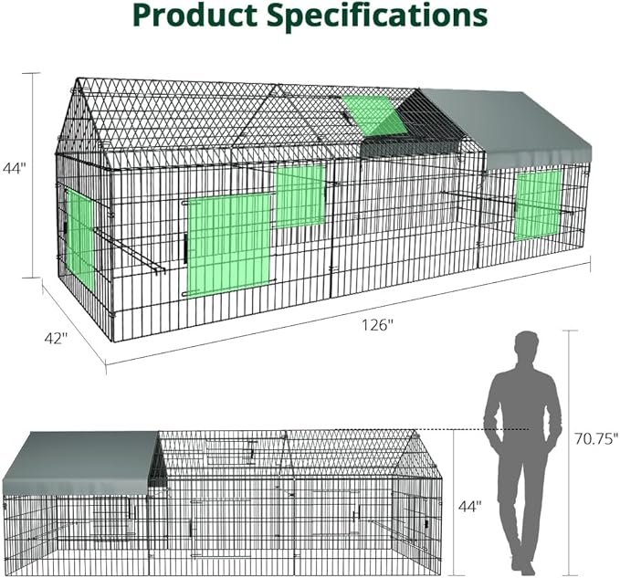 PawGiant Chicken Coop, Chicken Run Pen for Yard with Cover Outdoor Metal Portable Chicken Tractor Cage Enclosure Crate Outside for Small Animals Duck Rabbit Hen 130"×40"×40"