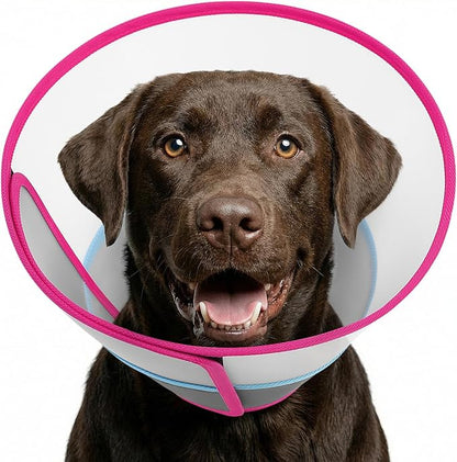 Queenmore Dog Cone - Soft Cone for Dogs to Stop Licking Transparent Elizabeth Recovery Collar for Large Dog Flexible Plastic Cones for Dogs After Surgery, Normal Eating and Drinking, Rose Red Large