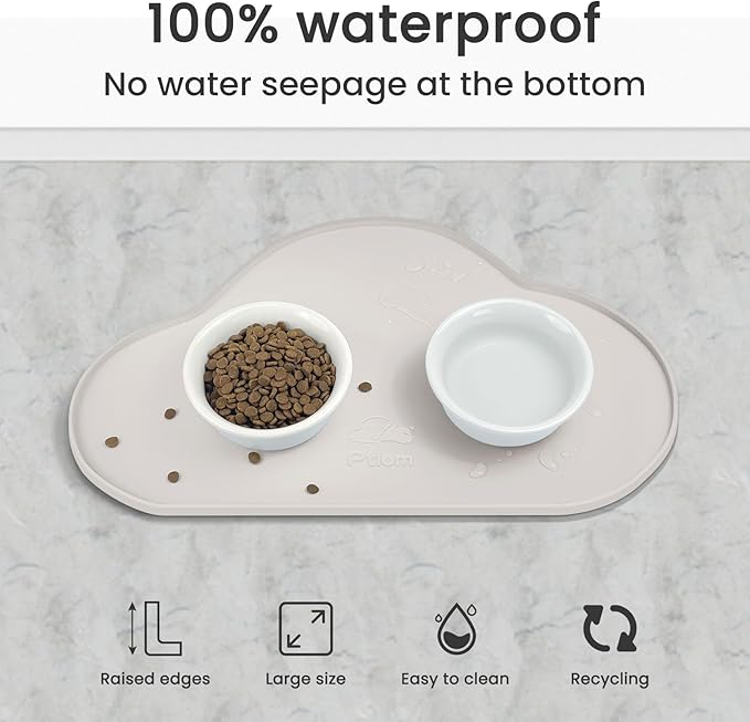 Ptlom Dog Food Mat Anti-Slip Dog Bowl Mats for Food and Water, Waterproof Pet Placemat Prevent Messy Spills to Floor, High-Lips Puppy Feeding Trays for Small Medium Large Dogs Cats, Silicone, Cream