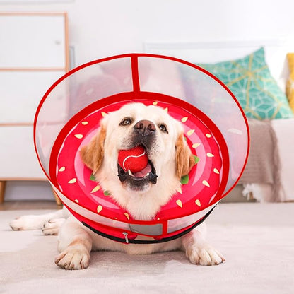 Inflatable Dog Cone Collar for Large Medium Small Dogs, Soft Dog Donut Collar Adjustable Recovery Cone for Pets After Surgery, Extra Enhanced Anti-Licking Guard Shield for Pets (ML, Strawberry)