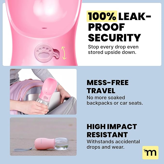 MalsiPree On the Go Dog Water Bottle Dispenser - 12 oz Pink - Leak-Proof Lock & One-Hand Operation - Dog Water Bowl - Pet Travel Bottle with Built-in Bowl, Travel Ready BPA-Free Pet Supplies
