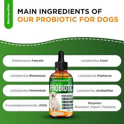 Probiotics for Dogs | Liquid Probiotics for Dogs and Puppies | Prebiotic & Digestive Enzymes | Gut Flora Support and Digestive Care | Bacon Taste | 2 Oz