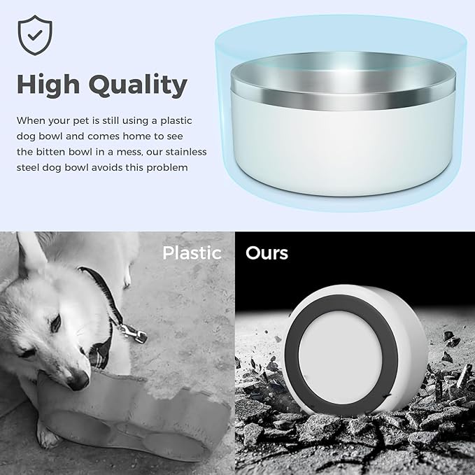 WENBOKMIN Dog Bowl, Stainless Steel Dog Food and Water Bowl with Non Slip Quiet Bottom, Easy to Clean, Dishwasher Safe, 40oz, White