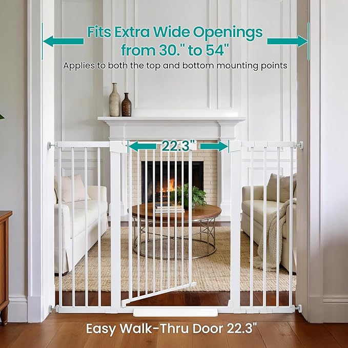Cumbor 36" Extra Tall Baby Gate, 30-54" Wide Dog Gates for Large Dogs, Dual Lock & Self-Closing Child Gate for Stairs, Doorways & Hallways, Pressure Mounted Safety Proofing for Babies & Pets, White