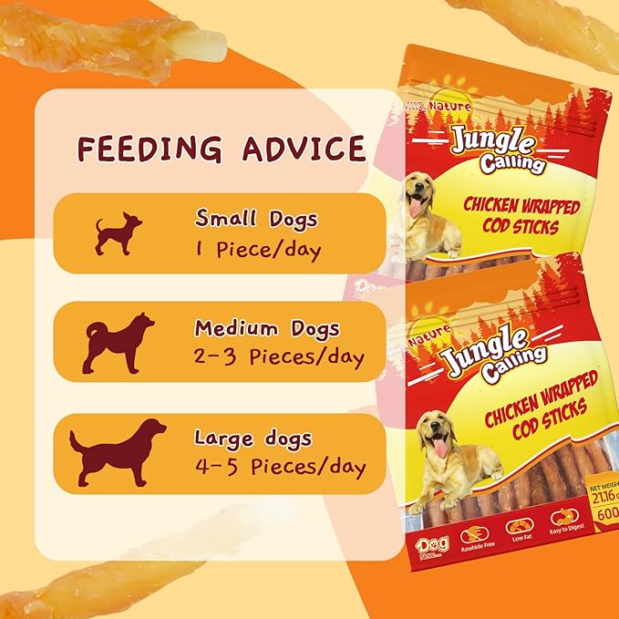 Jungle Calling 35-Count Rawhide Free Dog Treats, 4.5-Inch Chicken Wrapped Cod Sticks for Dogs, Easily Digestible Long Lasting Dog Chews, Soft & Chewy Dog Treats for Training Small Medium Dogs, 1.32 lb