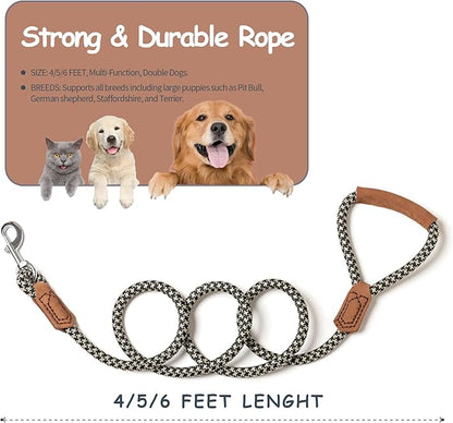 Mile High Life | Premium Leather Handle Dog Leash | Strong Rope Leash | Zinc Alloy Strong Clasp | Small Medium Large Dogs | 4/5/6 Feet(Black Khaki, 72 Inch (Pack of 1))