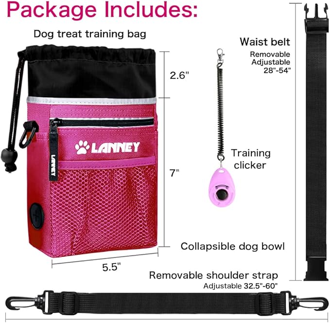 Dog Treat Pouch Pet Training Bag for Small to Large Dogs, Treat Tote Carry Kibble Snacks Toys for Training Reward Walking, Metal Clip, Waist belt, Shoulder Strap, Poop Bag Dispenser and Clicker
