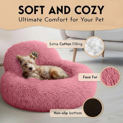 PetJett Calming Dog Bed for Small Dogs – 23" Donut Dog Beds, Anti-Slip & Washable Fluffy Plush Faux Fur Pet Bed, Anti-Anxiety Premium Comfort Round Puppy Bed, Fits Dogs up to 25 lbs – Pink