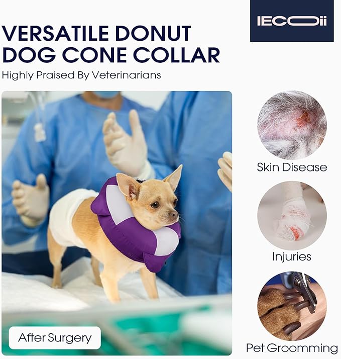 IECOii Soft Inflatable Dog Cone Collar for Small Dogs, Dog Pillow Cone Alternative to Stop Licking Wounds After Surgery, Adjustable & Comfy Recovery Neck Donut Collar for Puppy & Cats, Purple, S